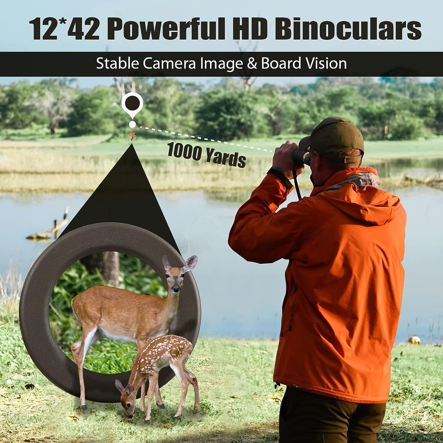 12x42 HD Binoculars, Large View Lens with Clear Low Night Vision IPX7 Waterproof Multi Coated Field 5.6° for Outdoor camping, Bird Watching, Hunting